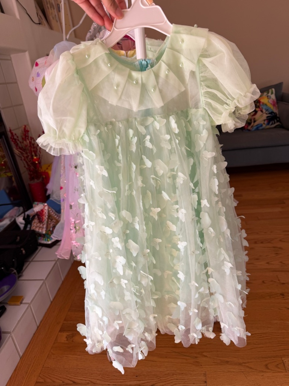 Light Green Girls' Butterfly Appliqué Tulle Dress 5-6T